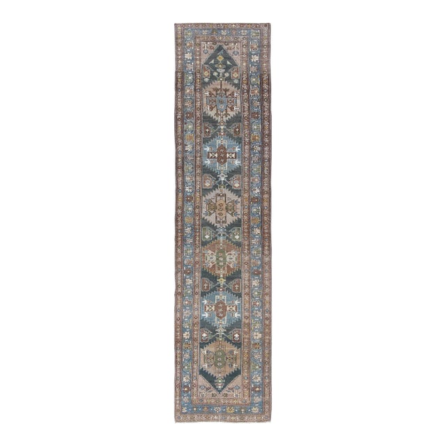Antique Persian Hamadan Runner With Angular Medallion Design in Soft Blue, Green For Sale