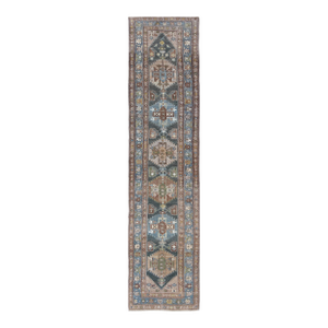 Antique Persian Hamadan Runner With Angular Medallion Design in Soft Blue, Green