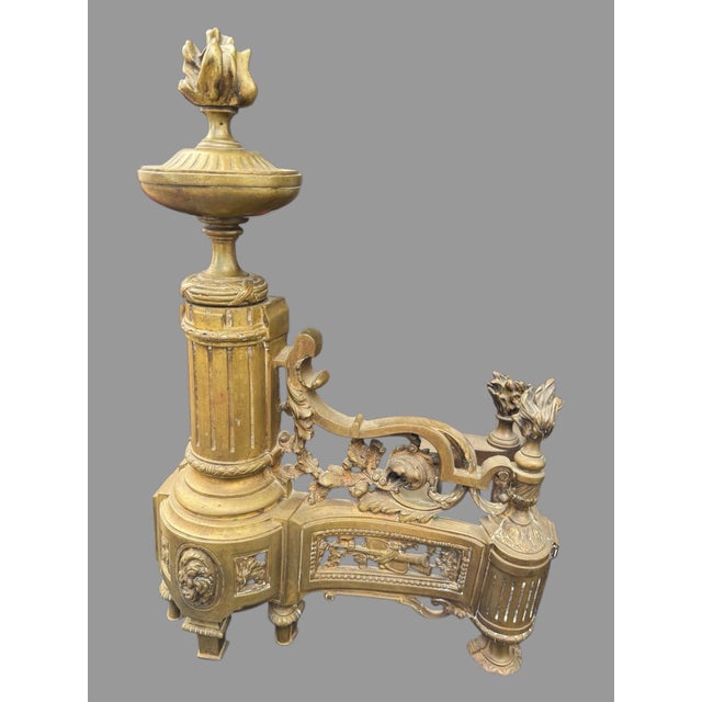 Pair of Antique French Victorian Ornate Cast Metal Fireplace Chenet Andirons Offering a pair of Antique French Victorian...