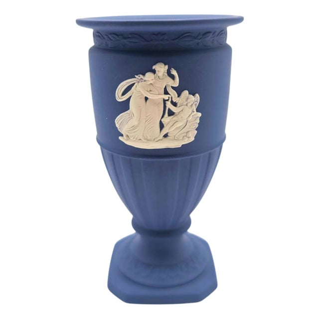Wedgwood Jasperware Neoclassical Dark Blue Urn Vase With Relief Figures, England For Sale