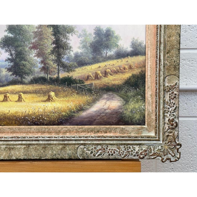 Vintage Painting of Harvest Time in the English Countryside by British Artist 1990 Circa For Sale - Image 4 of 17