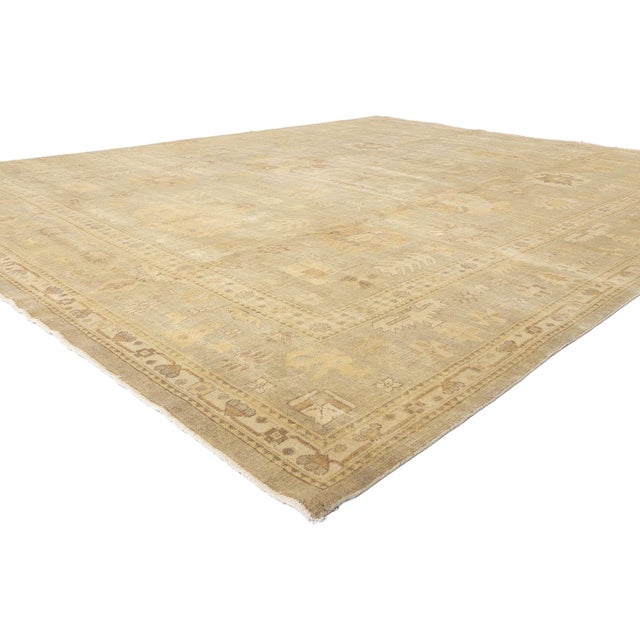 30183 Vintage Modern Earth-Tone Oushak Rug, 11'11 x 14'07. Woven with a reverence for time-honored traditions, this hand-...