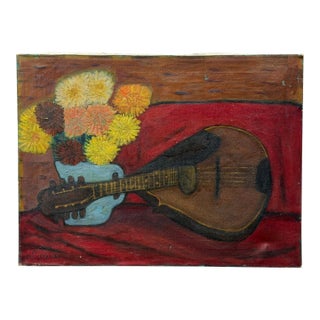 Still Life Mandolin and Flowers Painting by Abe Zuckerman, 1958 For Sale