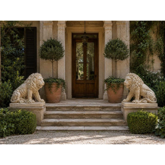 A commanding pair of monumental cast stone lions, each modeled in a seated pose with deeply sculpted manes, expressive...