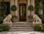 A commanding pair of monumental cast stone lions, each modeled in a seated pose with deeply sculpted manes, expressive...