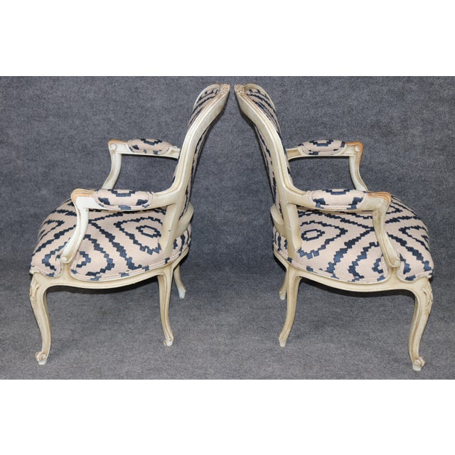 Late 19th Century 19th C Pair Louis XV French Paint Decorated Style Distressed Painted Armchairs For Sale - Image 5 of 13