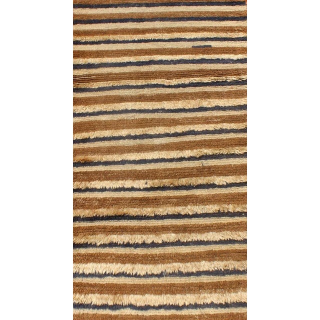 Textile Mid 20th Century Turkish Angora Tulu Vintage Rug With Stripe Pattern Light Brown & Navy Blue For Sale - Image 7 of 12