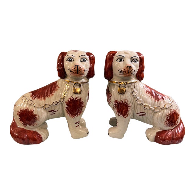 Charming Pair of Vintage Staffordshire Style Spaniels With Gilt Chain Collars and Parted Legs, Red & Cream Porcelain Dogs For Sale