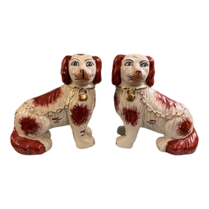 Charming Pair of Vintage Staffordshire Style Spaniels With Gilt Chain Collars and Parted Legs, Red & Cream Porcelain Dogs