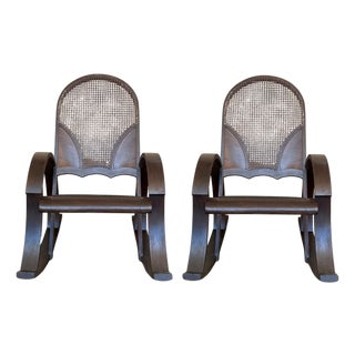 Mid 20th Century Pair of Bentwood Rocking Chairs with Cane Seat and Back For Sale