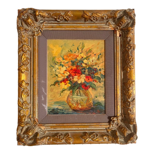 Mid 20th Century Impressionistic Oil Painting of a Floral Bouquet in a Gilt Frame For Sale