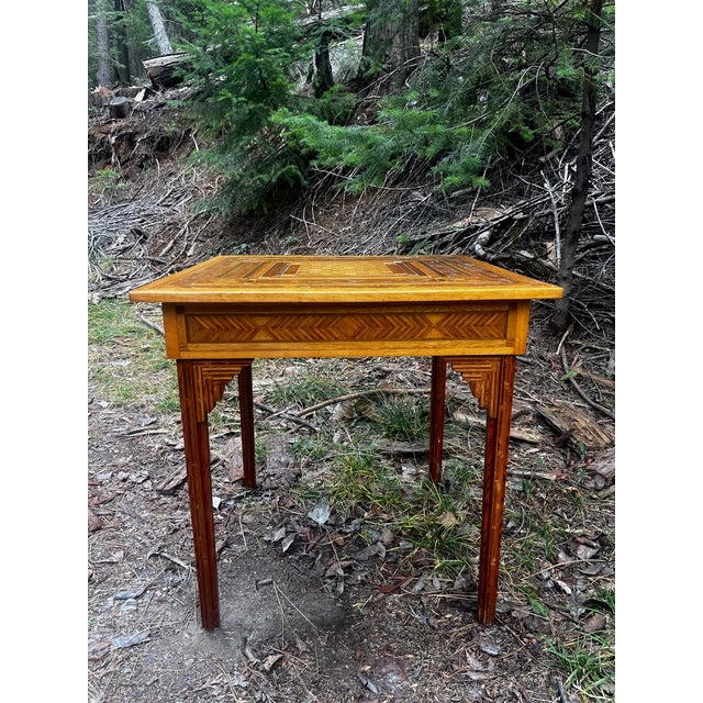Antique Square Rustic Folk Inlay Marquetry Game / Chess Accent Table For Sale In San Francisco - Image 6 of 9
