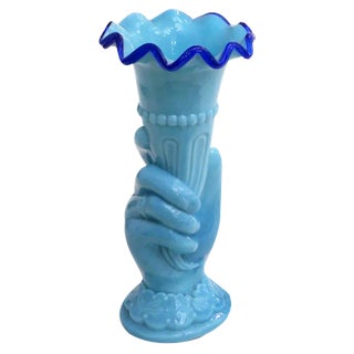 Main Au Cornet Vase in Molded Blue Opaline Glass from Valléerysthal, France, Early 20th Century For Sale