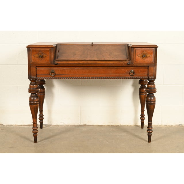 Victorian Grand Rapids Chair Co. Antique Victorian Carved Walnut Slant Front Writing Desk, Circa 1930s For Sale - Image 3 of 15