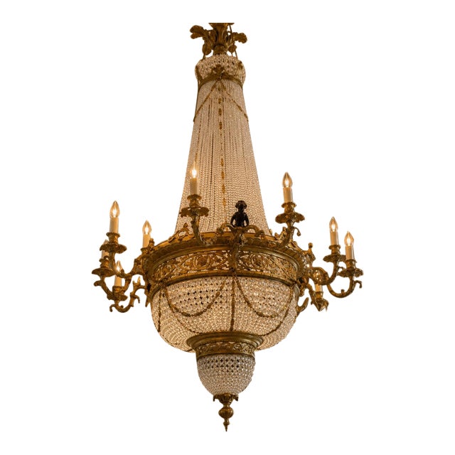 Mid20C Artisan Louis XVI Gold Bronze Crystal Chandelier-1 Pc For Sale