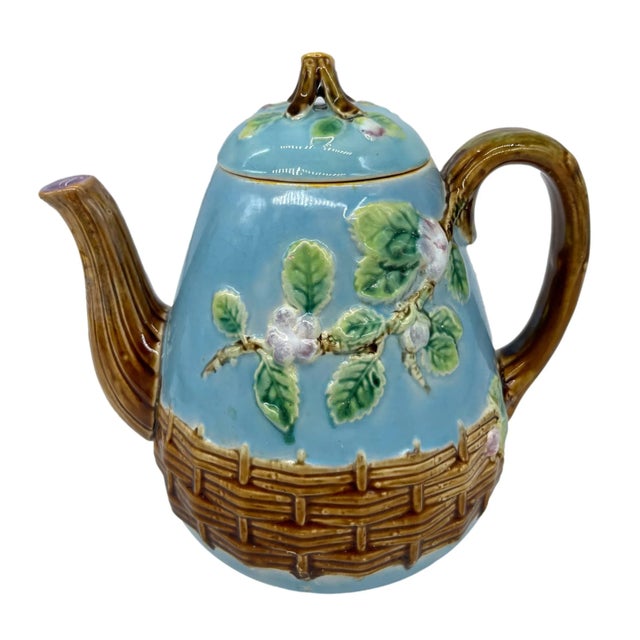 George Jones Majolica 'Apple Blossom' Teapot Basketweave on Turquoise, Ca. 1873 For Sale - Image 13 of 13