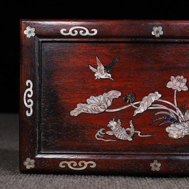 Zitan Wood Box With Mother-of-Pearl Lotus & Fish Inlay For Sale In Los Angeles - Image 6 of 10