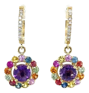 3.42 Carat Diamond Amethyst Sapphire Yellow Gold Drop Earrings - 2 Pieces