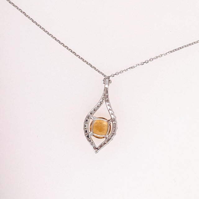 Orange Citrine Pendant Necklace With Earth Mined Diamonds: Solid 14k Gold, Round 5mm For Sale - Image 8 of 8