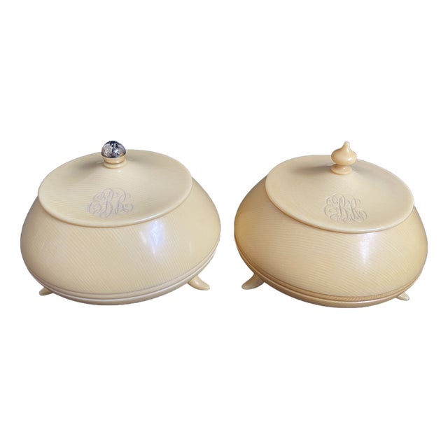 Pair Antique French Ivory Vanity Boxes, Monogrammed For Sale