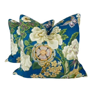 Sanderson "Emperor Peony" in Herbal Blue/Amber 22" Pillows-A Pair