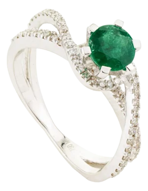 Art Deco Emerald & Diamond Crossover Cocktail Ring in 18k White Gold Size 6