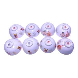 Vintage Chinese Rice Miso Soup Bowls Ensemble, Footed. Set of 8