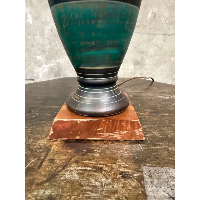 Vintage Mid Century Ceramic Table Lamp Teal Green Banded Burlap Shade For Sale - Image 4 of 10