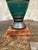 Vintage Mid Century Ceramic Table Lamp Teal Green Banded Burlap Shade For Sale - Image 4 of 10
