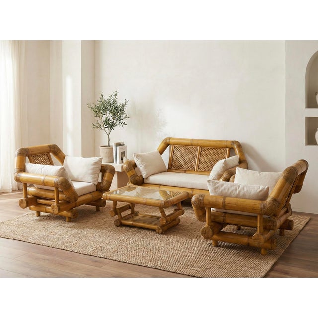 1980s Bamboo Living Room Set, 1980s, Set of 4 For Sale - Image 5 of 7