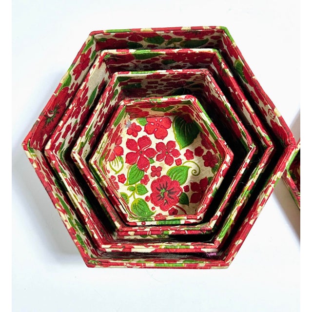 Red Vintage Floral Textile-Covered Nesting Boxes – Set of 4 For Sale - Image 8 of 9