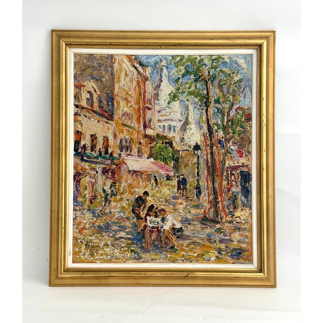 This stunning vintage impressionist oil painting beautifully captures a bustling Parisian square filled with figures, lush...