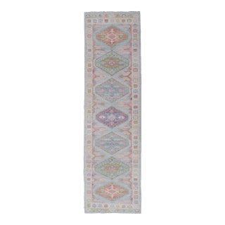 Colorful Modern Oushak Runner With Diamond Medallions and Multi-Tier Border For Sale