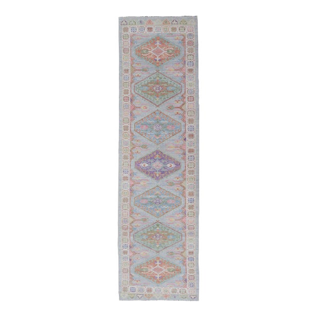 Colorful Modern Oushak Runner With Diamond Medallions and Multi-Tier Border For Sale