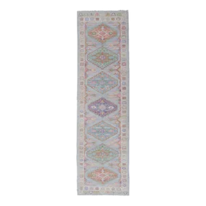 Colorful Modern Oushak Runner With Diamond Medallions and Multi-Tier Border