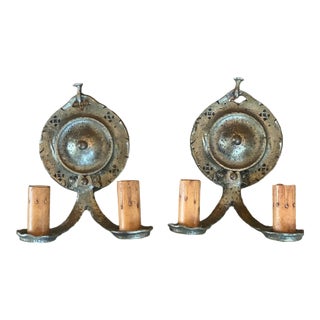 Pair Cast Brass Sconces With Hammering and Tooling Pattern, 1920 For Sale