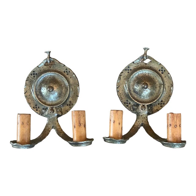 Pair Cast Brass Sconces With Hammering and Tooling Pattern, 1920 For Sale