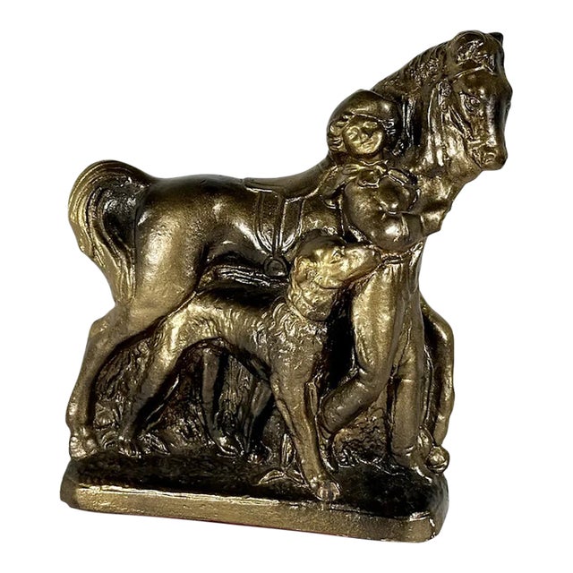 Gilded Chalkware Equestrian Mantel Piece With Child & Dog, c.1930-1940s For Sale