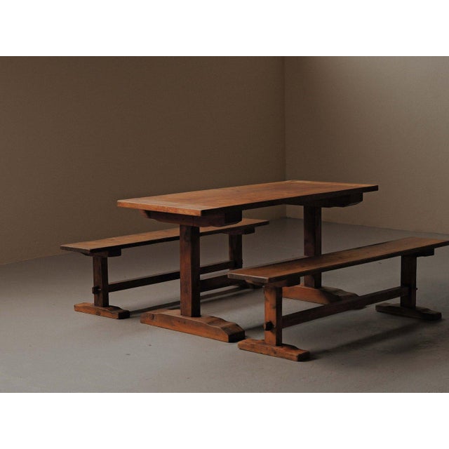 Wood Pine Dining Table and Benches, France, 1970, Set of 3 For Sale - Image 7 of 18