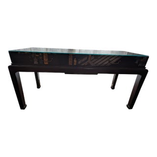 Vintage Chinoiserie Black Lacquer Console Table With Glass Top & Hand-Painted Scene For Sale