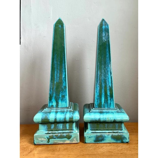 Vintage Blue Glazed Ceramic Obelisks For Sale In West Palm - Image 6 of 12