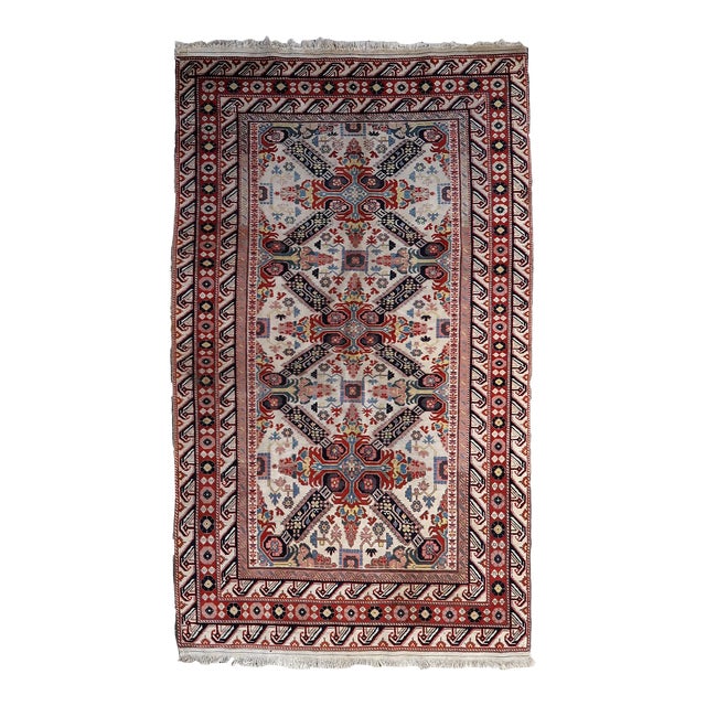 1950s Handmade Vintage Caucasian Zeyhur Rug 4.2' X 7.4' (130cm X 228cm) For Sale
