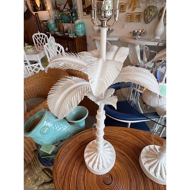 Vtg. Pair 1973 Palm Beach Tree Leaf Table Lamps Restored White Tole Newly Wired For Sale - Image 9 of 10