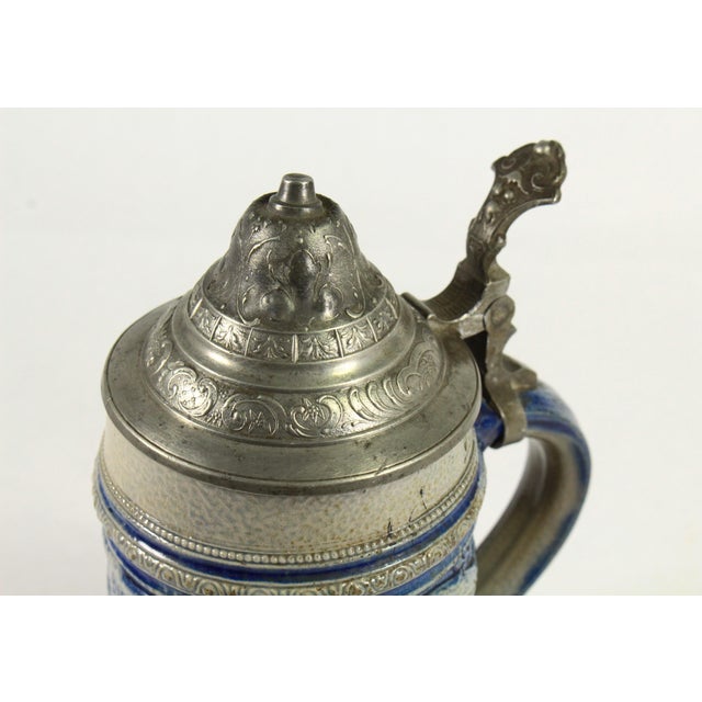 1880's Blue on Gray Stoneware Beer Stein With Pewter Lid 0.5l Westerwald Germany For Sale - Image 9 of 14