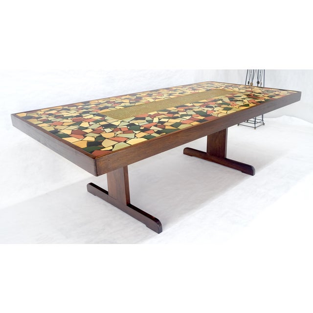 Wood Large 46x92 Rectangle Tile Mosaic Top Funky Dining Table c1970s Artist Signed For Sale - Image 7 of 17