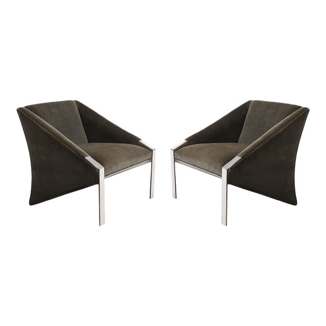 Mid-Century Angular Club Chairs W/ Polished Nickel Supports For Sale