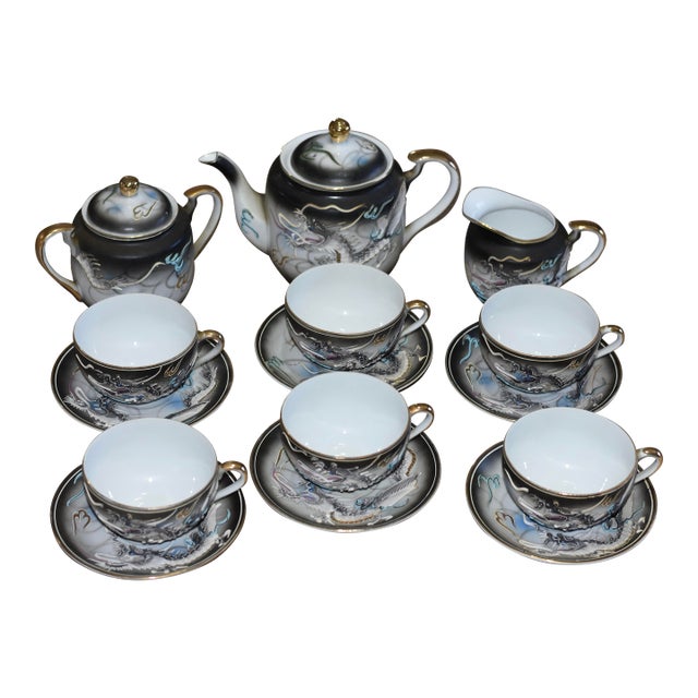 Vintage Japanese Satsuma Moriage Dragonware Raised Blue Eye Dragon 17 Piece Tea Set For Sale