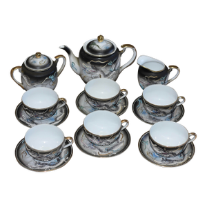 Vintage Japanese Satsuma Moriage Dragonware Raised Blue Eye Dragon 17 Piece Tea Set