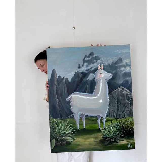 Sofía Cristina Jiménez, Silver Inflatable Llama in an Andean Mountain Landscape, Acrylic Painting, 2025 For Sale - Image 6 of 10