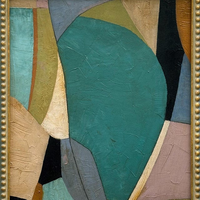 Mid-Century Modern Contemporary Teal Abstract Oil Painting in Vintage Gold Frame For Sale - Image 3 of 6